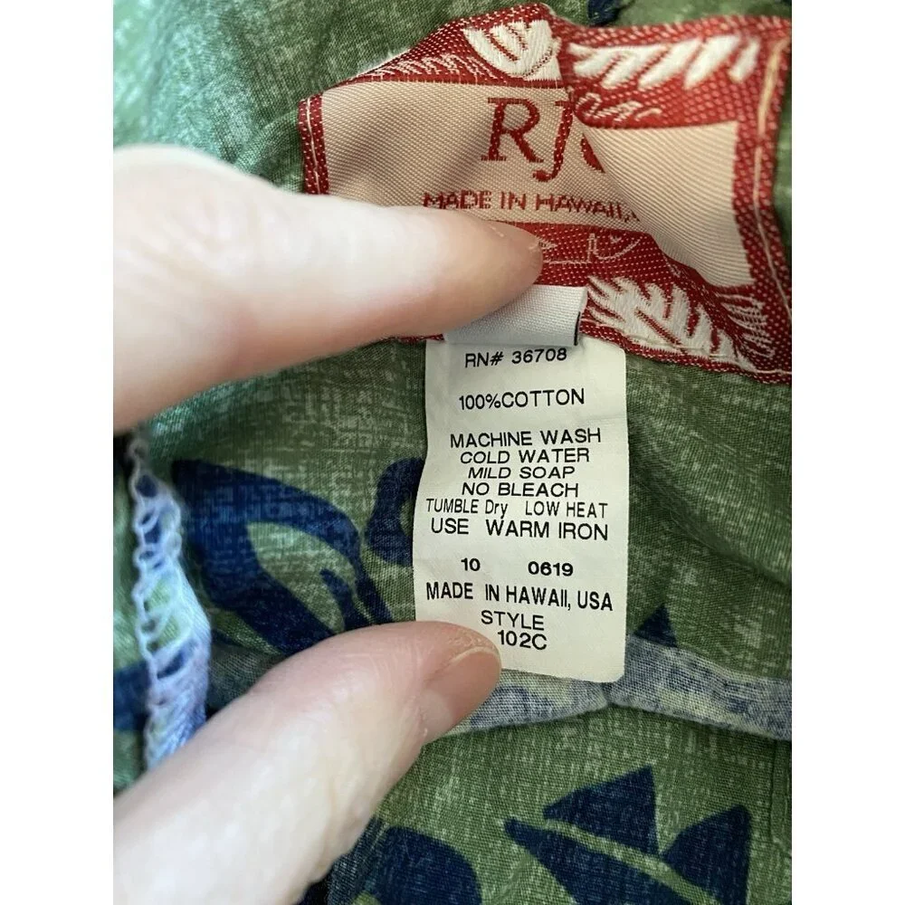 RJC Mens Size S Green & Blue Hawaiian Shirt Geometric Floral Print Made in USA